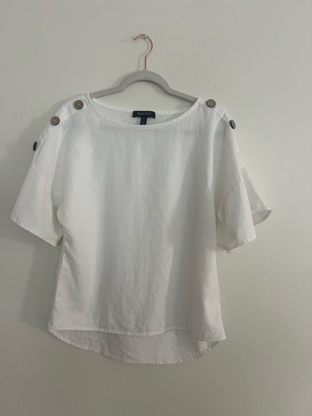 Ellen Tracy White Linen Button-Shoulder Boxy Top